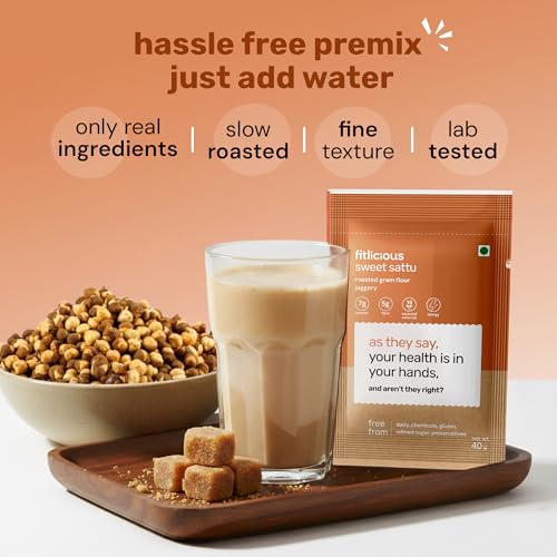 Image of fitlicious Sweet Sattu Powder | Bihari Chana Sattu | Natural & Organic | Gluten-Free, Non-GMO | High Protein & Fiber | Instant PremiX | Healthy Drink For All Ages | Pack Of 10 X 40g Sachets