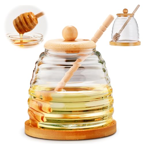 Tutamaz Honigglas mit Löffel und Deckel, 500ml Honiggläser Glas Honigtopf Honigbehälter mit Honig Löffel, Honigspender Transparentes Glas...