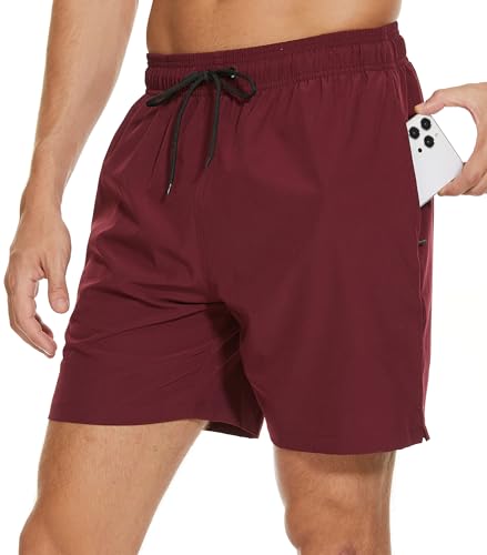 Image of Mens Swim Trunks Compression Liner No Mesh Swimming Trunks Men Swimwear Quick Dry Above Knee Zipper Pocket Swim Shorts