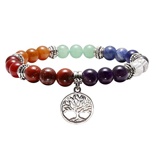CrystalTears 10mm Bracelet d'Energie 7 Chakras Perle Pierres Naturelle avec Petite Pendentif l'arbre de Vie pour Femme Homme Yoga Reiki (Arbre de Vie) Cover