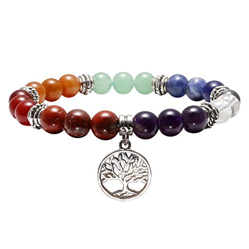 CrystalTears 10mm Bracelet d'Energie 7 Chakras Perle Pierres Naturelle avec Petite Pendentif l'arbre de Vie pour Femme Homme Yoga Reiki （Arbre de Vie）