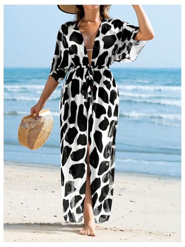 OYOANGLE Women's Bathing Suit Cover Ups Cow Print Belted Lightweight Kimono Cardigans Coverups Swimwear4