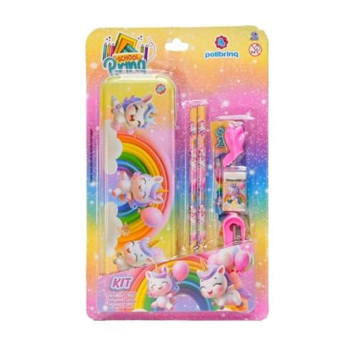 Kit Escolar com 06 peças e Estojo Metálico, Tema sortido Doce e Unicórnio, Polibrinq
