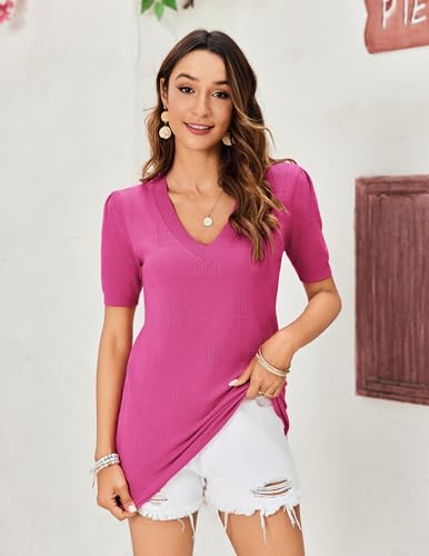 Womens Tops 2025 Spring Summer Short Sleeve V Neck Sweaters Trendy Dressy Casual Blouse Lightweight Knit Shirts3