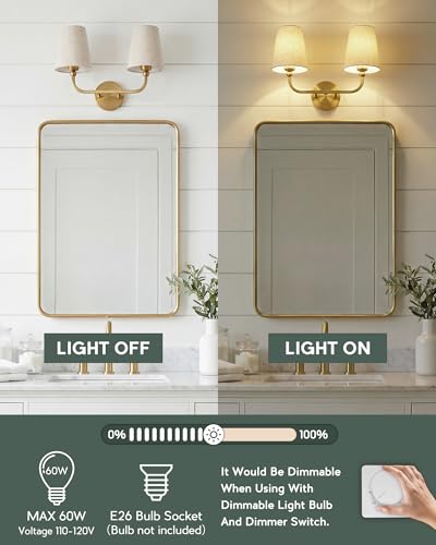 Image of 2-Light Bathroom Light Fixtures, Brushed Gold Vanity Lights, Double Wall Sconce with Brown Fabric Shade, Modern Sconces Wall Lighting for Hallway Bedroom Stairway, VL837-BG-L-2