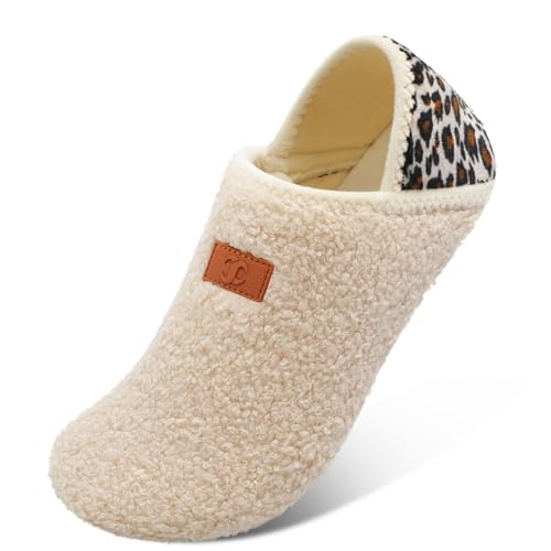 Scurtain Unisex Mens Womens Slippers Socks Artificial Woolen Slippers for Men Women with Non-Slip Rubber Sole Barefoot Slippers Women Mocassins Slippers for Women Bedroom Shoes Beige/Leopard 7.5-8