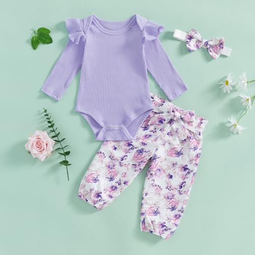 fhutpw Baby Girl Clothes 3 6 9 12 Months Outfits Long Sleeve Knitted Romper & Daisy Pants Fall Winter 3Pcs Clothes Sets2