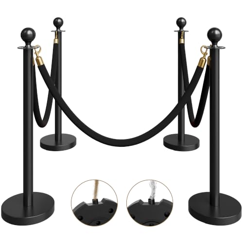 Image of 4 Pack Black Stanchions and Velvet Ropes Set, Stainless Steel Crowd Control Barriers, 3Pcs Black Ropes and Poles for Party Supplies,Photobooth Accessories, Prom,Birthday,Business,Wedding, Museums