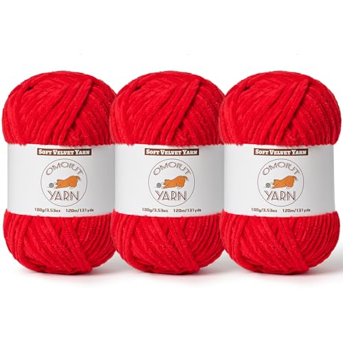 Image of 3 Pack Red Fluffy Velvet Yarn for Crocheting, Chunky Chenille Baby Blanket Yarn for Crocheting, Soft Fuzzy Puzzle Yarn for Knitting, (100g /3.53oz Each) Bulky Thick Amigurumi Crochet Yarns