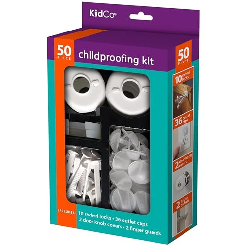 KidCo 50-Piece Baby Proofing Kit - 36 Outlet Covers, 10 Cabinet Locks, 2 Door Knob Covers, & 2 Finger Guards, Baby Essentials Starter Pack for Child Safety at Home