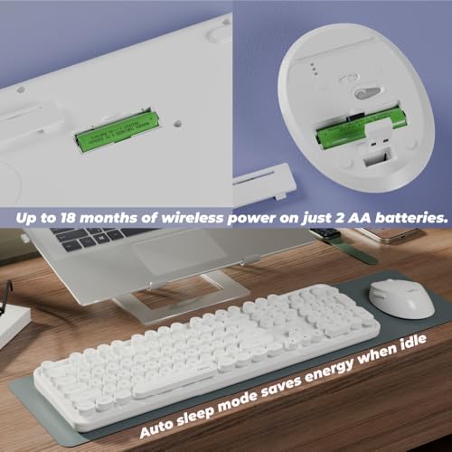 Image of XECH Wireless Keyboard Mouse Combo for Laptop & PC, Typewriter Retro Round Keys, Single Nano USB Receiver, Full Size 104 Keys, 2.4GHz Plug & Play, Birthday Gifts for Men, Husband (Keypop, White)