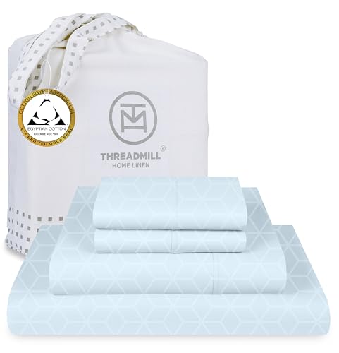 Threadmill Egyptian Cotton Full Size Sheet Set | 100% Certified Egyptian Cotton Sheets for Full Size Mattress | Bed Sheets with Deep Pocket | Soft Damask Jacquard 4Pc Cooling Bedding Set | Light Blue โ image 1
