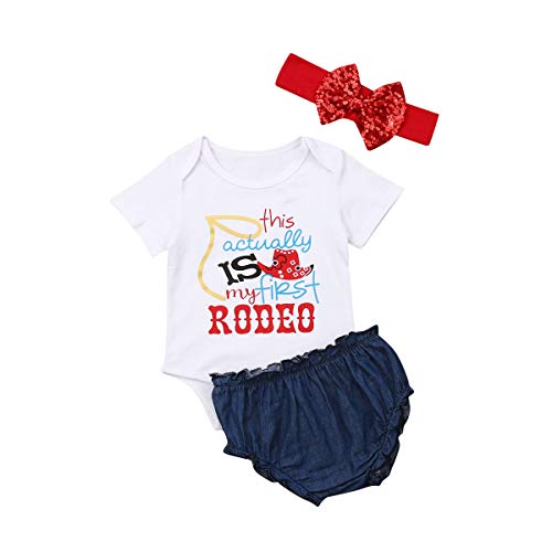 Image of Lamuusaa Newborn Baby Girls My First Rodeo Outfits Short Sleeve Letter Printed Romper Tops Denim Shorts Headband Set 0-18M(6-12M,White)
