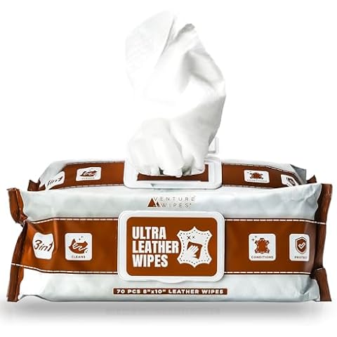 Venture Wipes | Leather Cleaner Wipes, 70 Count | Clean, Condition & Protect Furniture, Apparel, Auto Car Interior, Shoes, Boots, Bags | Extra Large 8" x 10" Size | 70 Count Cover