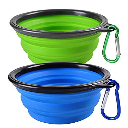 Pack of 2 Dog Bowls, Foldable Travel Bowl, Portable Leak-proof Dog Bowl with Carabiner Hook, Silicone Feeding Bowl for Cats, Dogs and Pets for Water and Food (Blue + Green, 350 ml)