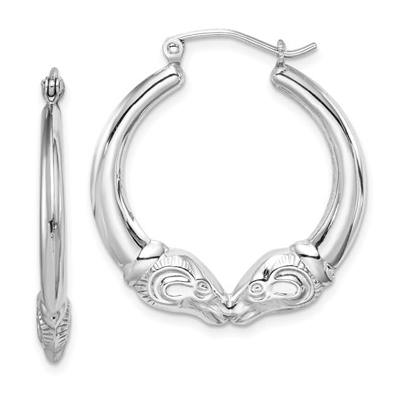 Sterling Silver Rhodium Plated Rams Head Hoop Earrings