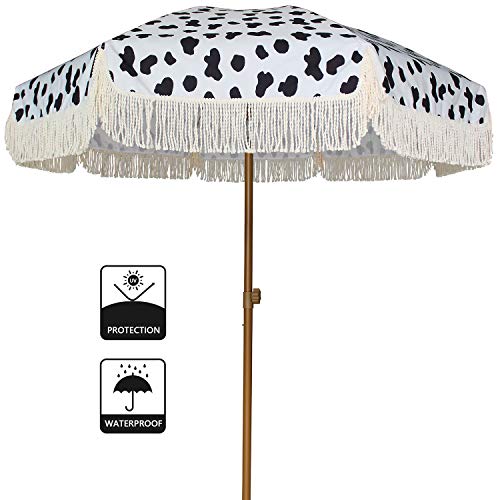 Ammsun 7ft Patio Umbrella With Fringe Outdoor Yard Umbrella Upf50 Wood Color Steel Pole And Steel Ribs Push Button Tilt Polka Dots Buy Online In Japan At Desertcart