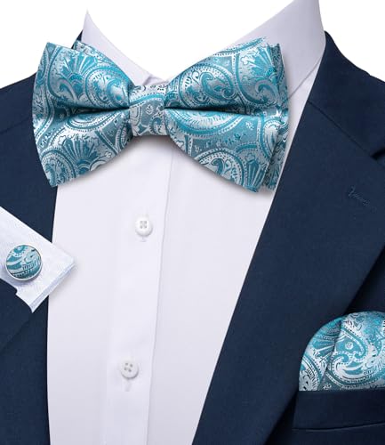 Image of Barry.Wang Paisley Striped Bow Tie for Men Silk Pre-Tied Bowtie Pocket Square Cufflinks Set Formal Wedding Party Prom