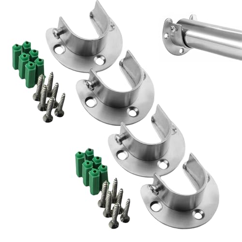 Image of 4 Pcs Stainless Steel Wardrobe Rail Bracket Holders Curtain Pole Brackets,Wall Mounted Stands,Armoire Rods Fittings,Cupboard Poles Sockets,Flange Rails Rod End Holder,With Screws for 25mm Closet