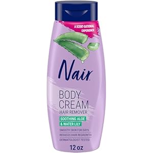 Nair Body Cream Hair Remover, Soothing Aloe and Water Lily, Dermatologist Tested Body Hair Removal Cream, with Evolved Ingredients, 12 Oz – Amazon Exclusive Size