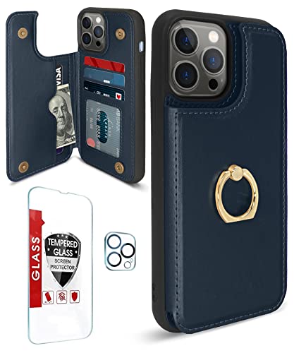 [3 in 1] iPhone 14 Pro Max Case Wallet with Card Holder, [Tempered Glass Screen Protector + Camera Lens Protector], RFID Blocking, 360°Rotation Ring Kickstand, Military Protective Flip Case (Blue)