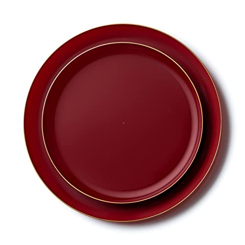 Decor Decorline - Ensemble Vaisselles d'assiettes Plastique Dur et Réutilisables, 20 pièces/Pour 10 Personnes - Edge - Bordeaux/Or - Assiettes Dîner &...