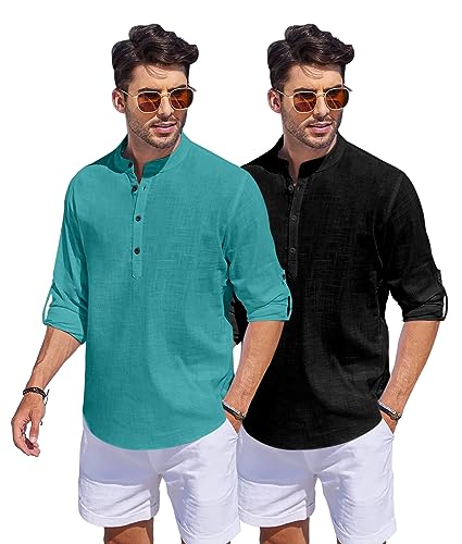 Image of Bellstone Men's Cotton Blend Straight Kurta Shirt Combo with Mandarin Collar - Slim Fit Casual Short Kurti Set Featuring Textured Slub Fabric and Roll-Up Full Sleeves