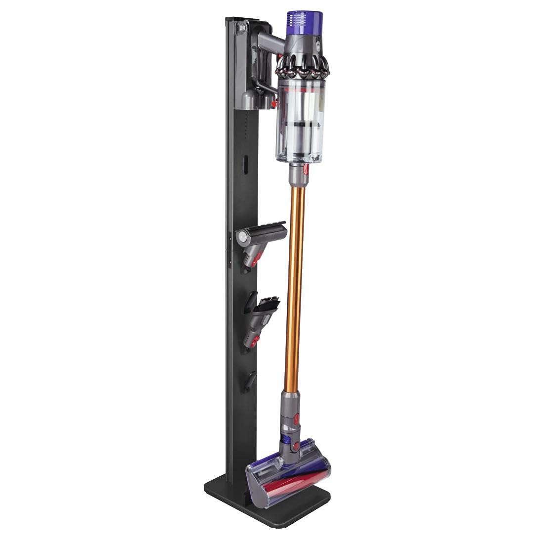 Xavax Universal Staubsauger-Ständer mit Zubehör-Halterung (Standfuß Organizer für Akkustaubsauger, Akkusauger Boden-Ständer passend für Dyson, Bosch, AEG, Philips, Rowenta, bohrfreie Montage) schwarz