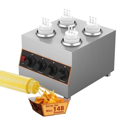Dispensador de calentador de salsa, calentador de encimera de acero inoxidable de 640 W con 4 botellas exprimibles para queso nacho, dulce caliente y servicio de salsa