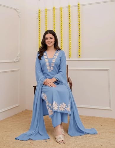 Image of ANNI Designer Pure Cotton Embroidered Kurta Set for Women | Rust Orange Kurta with Pants & Dupatta | Floral Neck & Hem Embroidery | Cotton Kurta Set for Women | 10 Colour Options Available