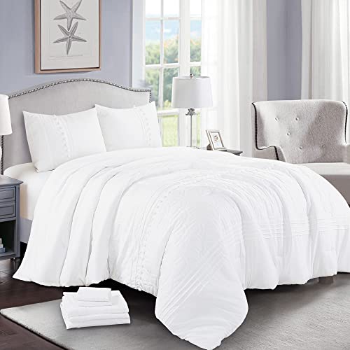 Chezmoi Collection Athena King Bed In A Bag 7-Pieces Floral Chenille Embroidered Pom Pom Stripe Comforter Set With Sheets All Season Bedding Set, King, White #TOP14