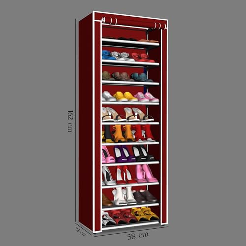 Image of YouCopia Shoe Rack for Home Non Woven Fabric - DIY Multipurpose Shoe Rack Organizer, 9-Layer Shoe Rack for Home -Shelf with Dustproof Door Entryway for Heels /Slippers /Boots (Maroon, 9-Layer)