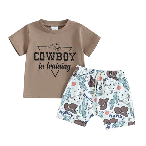 Image of Western Baby Boy Clothes Highland Cow Farm Print T-shirt Casual Shorts Toddler Summer Country Cowboy Clothes Outfit