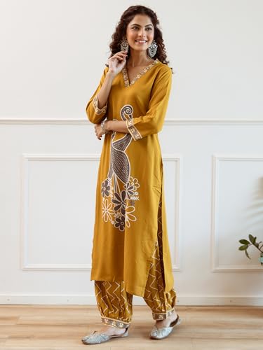 Image of INDO ERA Women's Viscose Rayon Embroidered Straight Kurta With Pant Set (IEOUT6942)