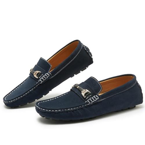 Men's Driving Penny Loafers Suede Leather Slip-on Moccasins with White Line Casual Flat Shoes Style4