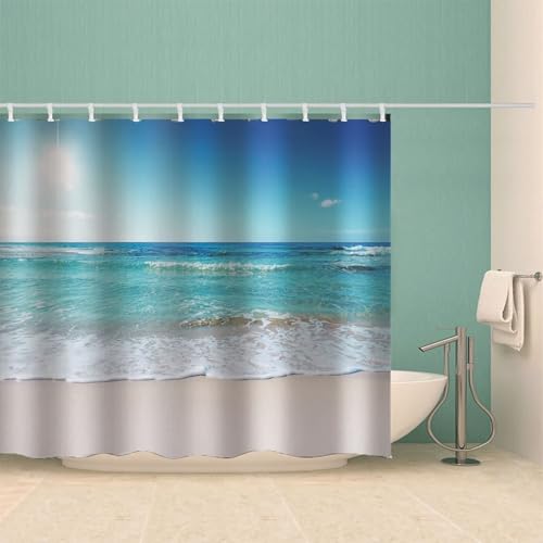 Rideau de bain lavable en tissu bleu polyester traité anti-moisissure
