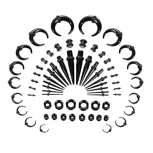Jstyle 68 Pieces Ear Stretching Kit 14G-01G, Acrylic Tapers Plugs, Acrylic C Shape Pincher Tapers, Silicone Tunnels, Ear Gauges Expander Set Body Piercing Jewelry Black #TOP27