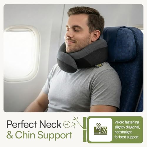 Image of Travel Neck Pillow for Airplanes, 360 Chin Support Memory Foam Travel Pillow for Long Flights, Bamboo Charcoal Memory Foam, Removable Washable Cover, Sleep Mask & Earplugs Included