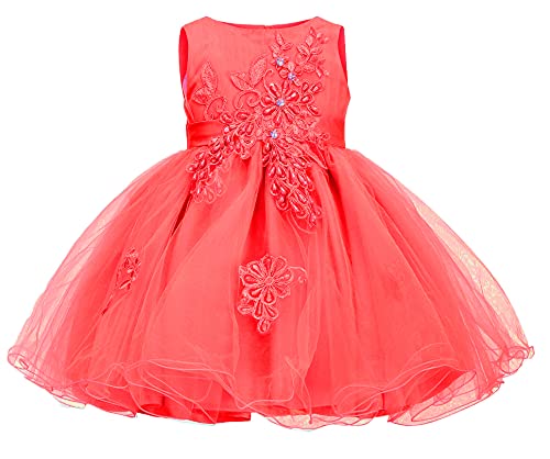 Newborn Baby Infant Toddler Girls Embroidered Beaded Soft Tulle Birthday Party Christing Flower Girl Pageant Dress,red,12M