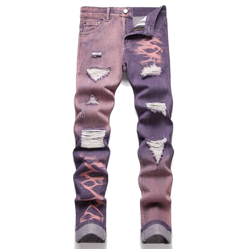 AITITIA Men's Regular Fit Biker Jeans (28, 3905 Purple)