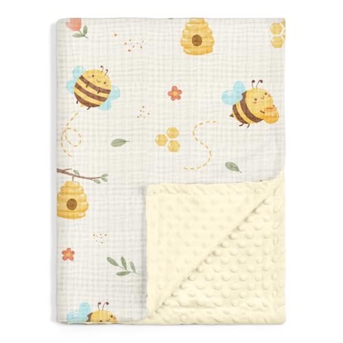 Image of SANDJEST Bee Minky Muslin & Dotted Blanket 30x40 in Gift for Holiday, Gender Reveal Party, Hospital Visit, Baptism