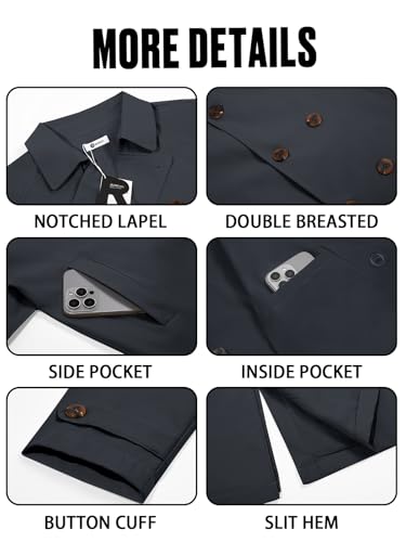 Image of Runcati Mens Trench Coat Double Breasted Notched Lapel Casual Belted Windbreaker Fall Classic Long Jacket Overcoat
