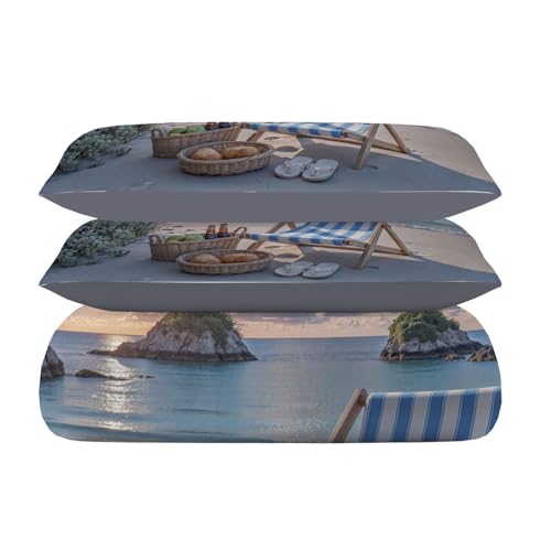 Parure de lit de luxe motif plage imprimé bleu en microfibre premium