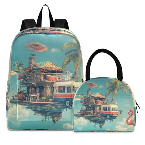 Backpack Lunch Bag Set Surreal Tropical Print, Big Storage Travel Backpacks with Insulated Lunch Box for Office Hiking Picnic