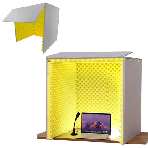 簡易防音個室 卓上 吸音ボックス、1人用 簡易吸音ルーム 簡易防音室 防音ボックス、卓上パーテーション 防音ブース、マルチ機能録音スタジオ 防音室 吸音パネル、会議やライブを中継する際の騒音を大幅に低減、LEDライト付き(Color:黄色)