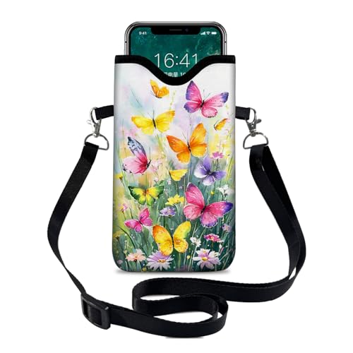 Image of Neoprene Cell Phone Sleeve Pouch Case Bag with Crossbody Strap Neck Lanyard for Women 7.1 X 3.9 in Flower Butterfly