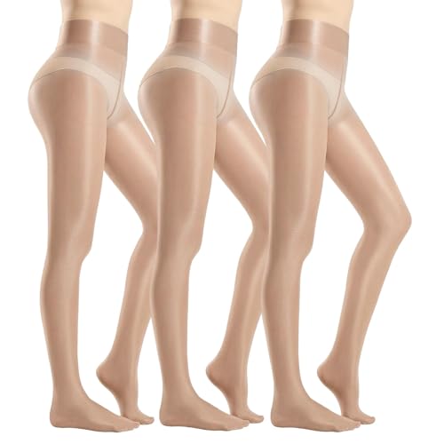 Image of Fiohiros 3 Pairs Shiny Tights 15 Denier Sheer Tights for Women Glossy Tights Oily Pantyhose with High Elastic Waist (UK, Alpha, S, M, Regular, Regular, Nude)