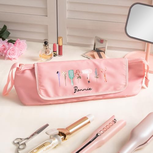callie Custom Hair Tools Travel Bag, Personalized Portable Hair Accessories Organizer Case Storage Pouch with Heat Resistant Mat, Gifts for Hair Stylists, Black/Pink2