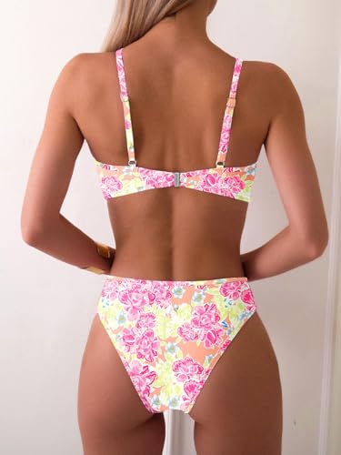 Image of Fanuerg Women's Triangle Bikini Sets O Ring Linked Two Piece Swimsuits Floral Printed Cheeky Bathing Suit