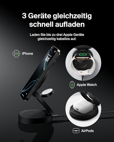 Belkin BoostCharge 3-in-1 Induktive Ladestation mit Qi2, 15W, MagSafe-kompatibles Ladegerät, Kabe... Ansicht 9
